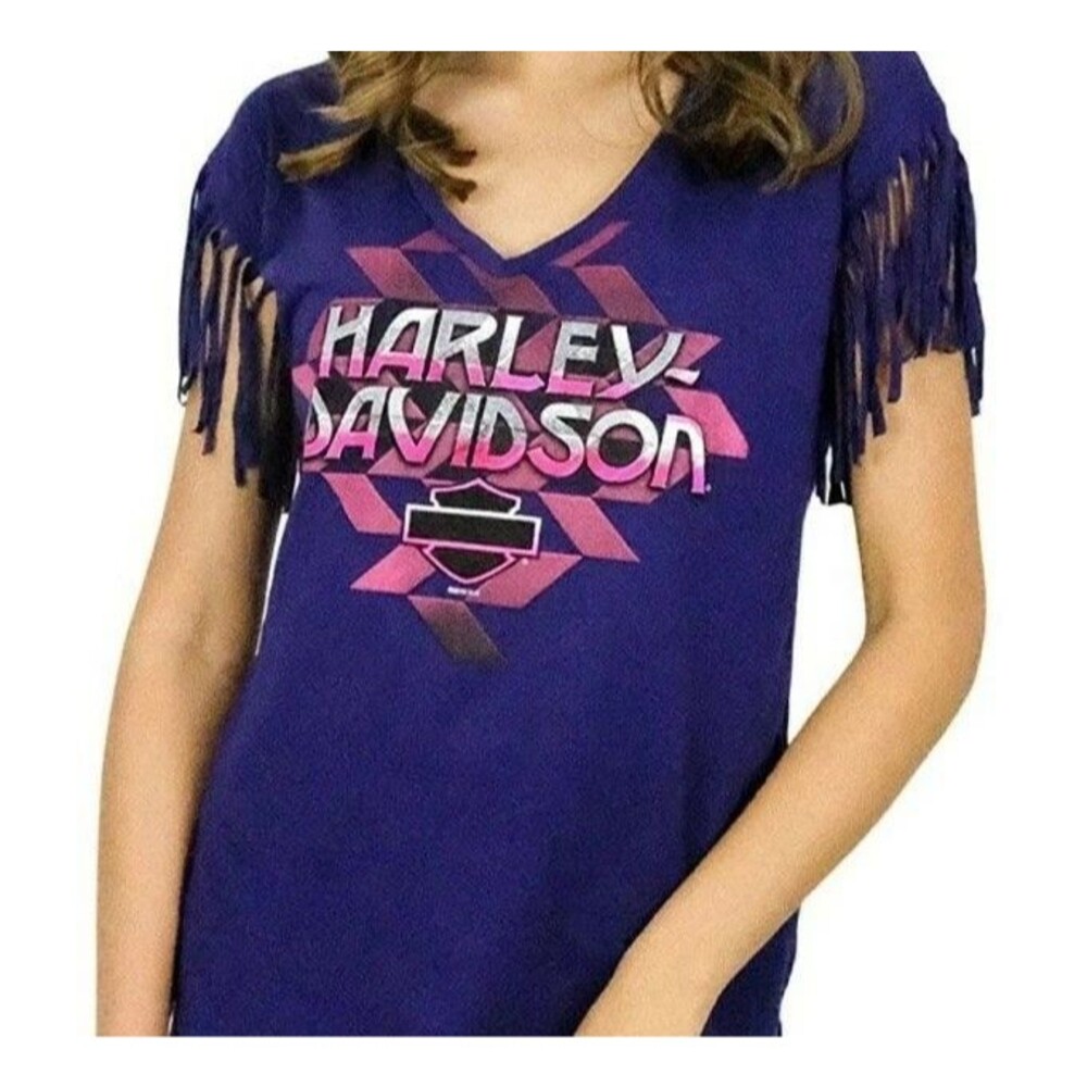 Harley Davidson Womens Short Fringe Sleeve Shirt Black Widow Daytona Beach Large